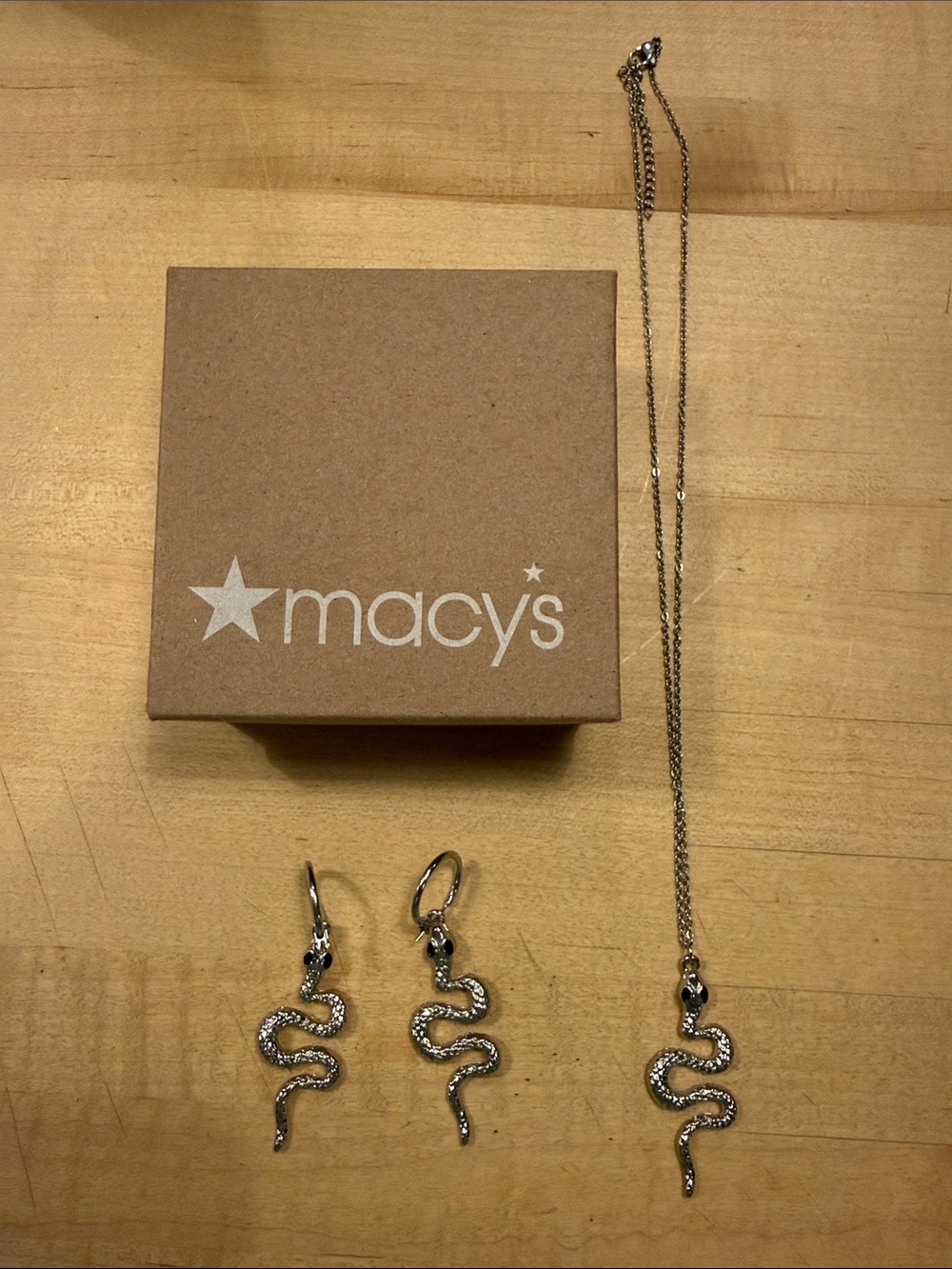 Macy's Silver Snake Drop Earrings with Black Eye Accents